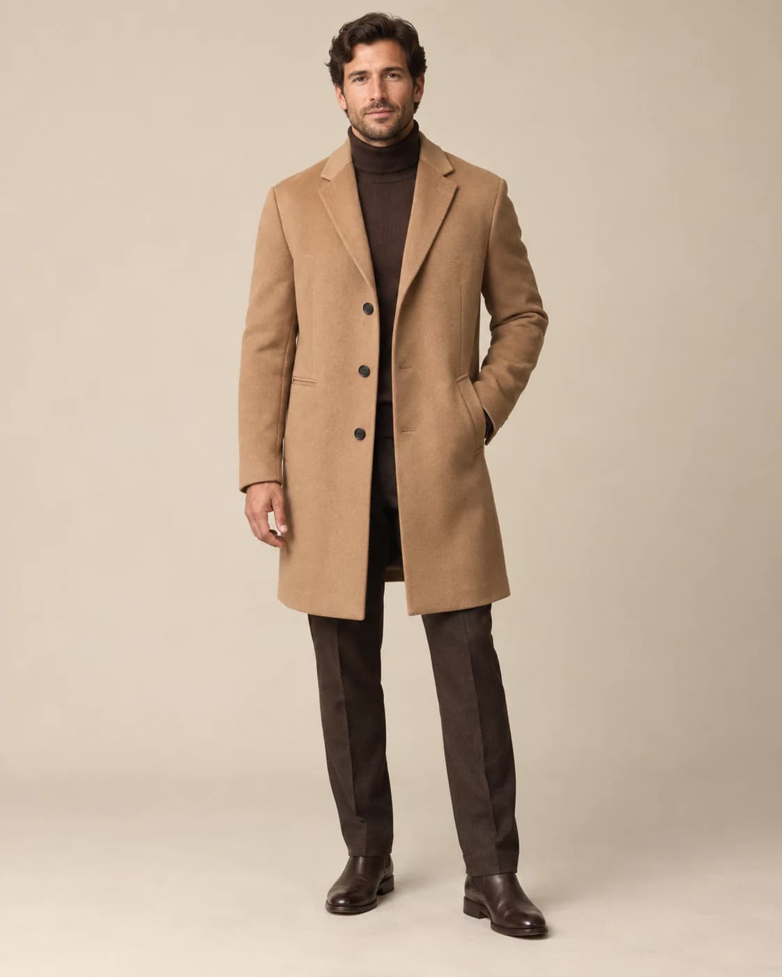 Roman Cashmere-Blend Coat in camel cashmere blend, front view on a plain champagne background