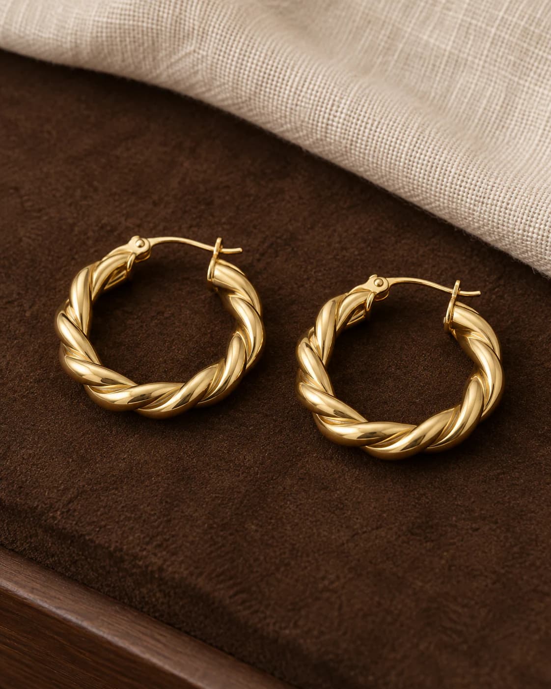 Twisted Hoop Earrings, 18ct back view showing chain and fastening